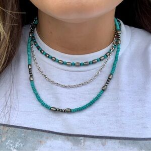 Turquoise and Silver Beaded Necklace Set